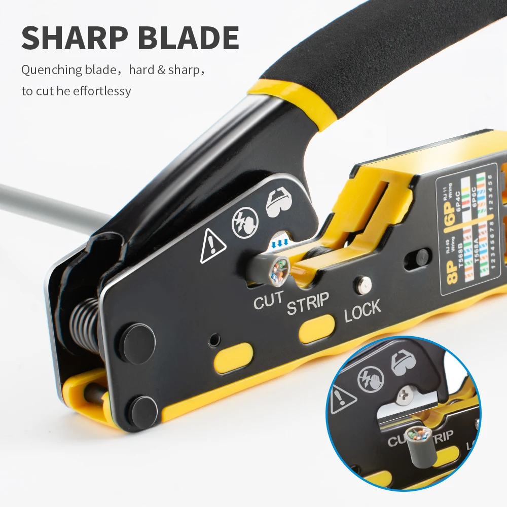 EASY-Type RJ45 Network Crimper - 3-in-1 Crimp/Cut/Strip Lan CAT6A/6/5E (STP/UTP) & RJ11/12 Tel Modular Cable