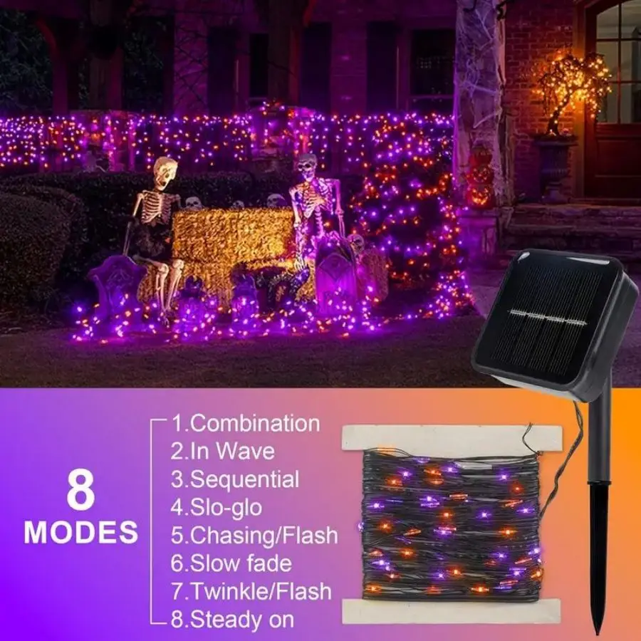 1개 태양 오렌지 & 보라색 할로윈 조명, 39.37피트 120 LED, 보라색 태양 할로윈 조명 8가지 모드, 야외 반짝임 요정 조명