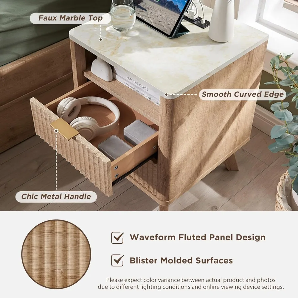 Fluted Nightstand Set of 2 with Charging Station, 18" Modern Side Table with Faux Marble Top, 2 Drawer End Table w/Storage, Bed