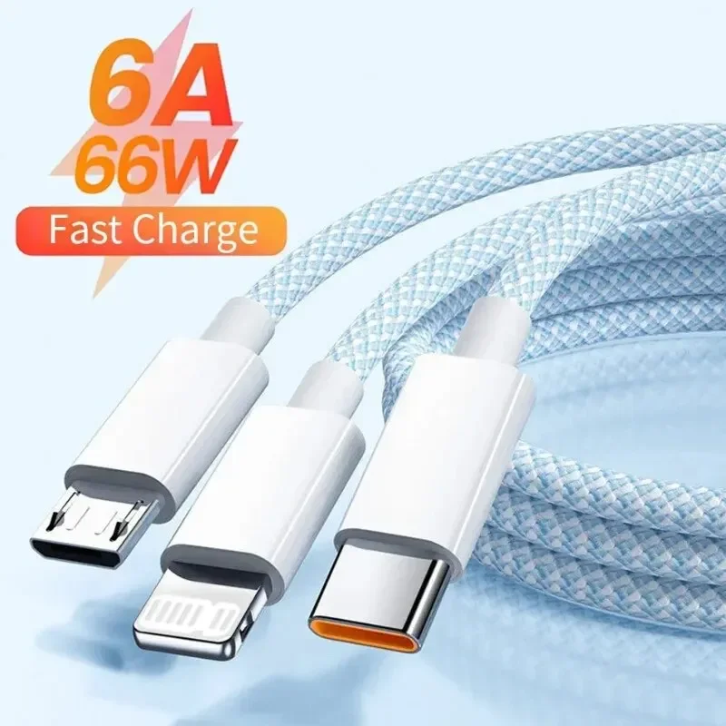 Cable USB tipo C 6A 3 en 1, Cables de carga súper rápidos de 66W para Huawei, Xiaomi, Samsung, OPPO, Cable de datos Lightning para iPhone 1,2/2/3M