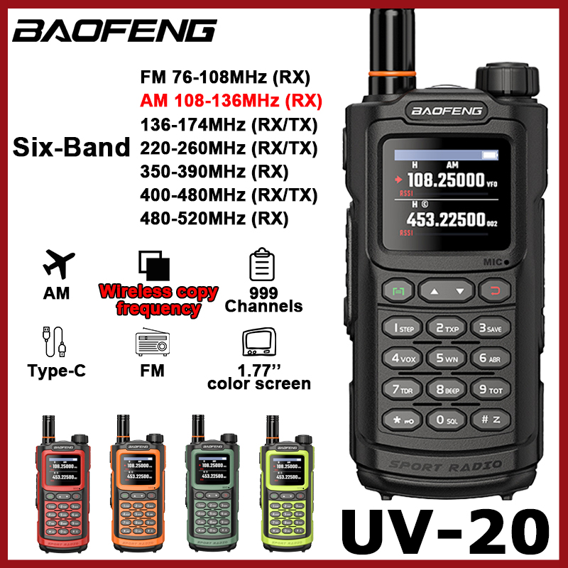Baofeng UV-20 Walkie Talkie banda completa AM FM copia inalámbrica frecuencia tipo C 999CH VHF UHF Ham de largo alcance Radio de 2 vías UV-G30 Pro V1