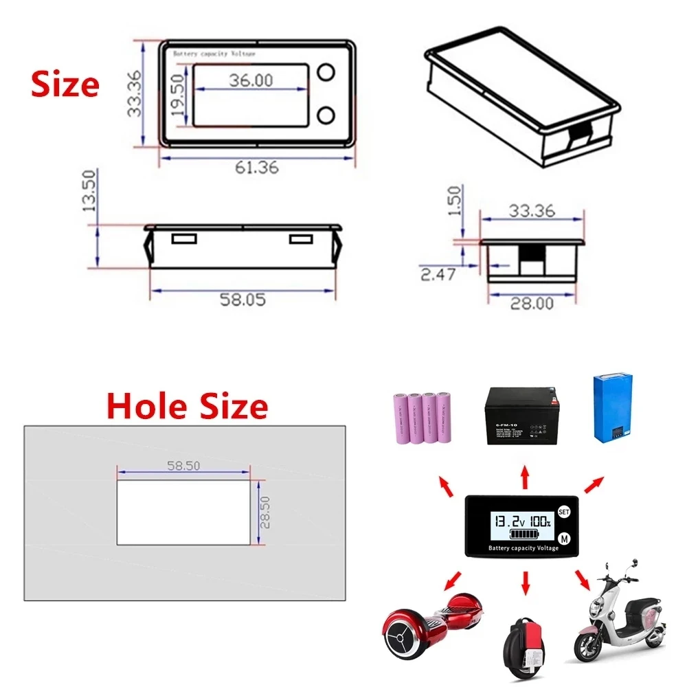 Đèn Báo Dung Lượng Pin DC 8V-100V Axit Chì Lithium Đời PO4 Xe Ô Tô Xe Máy Vôn Kế Điện Áp Đo 12V 24V 48V 72V