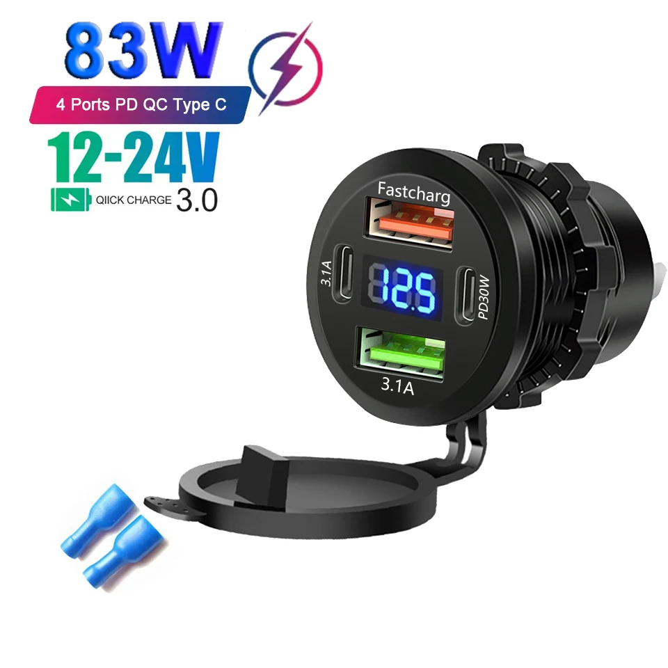 86W autolader PD Type C QC3.0 snel opladen met voltmeter stopcontactadapter waterdicht 12V / 24V voor auto boot motorfiets