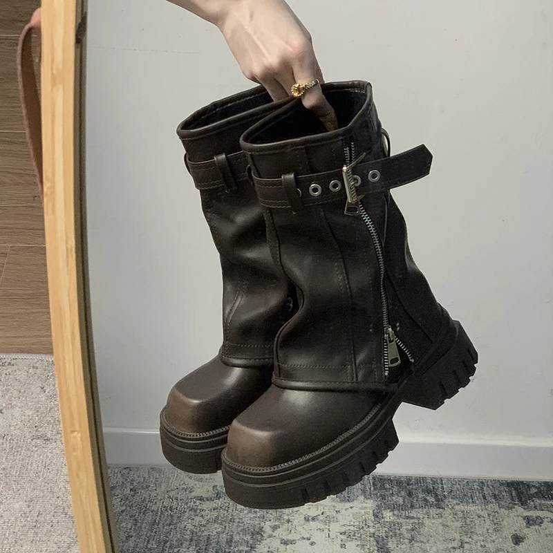 ผู้หญิงฤดูหนาว BIKER BOOTS แฟชั่นเข็มขัดหัวเข็มขัดสุภาพสตรี Elegant Platform Flats สั้น Booties Casual ผู้หญิง Knight Booties
