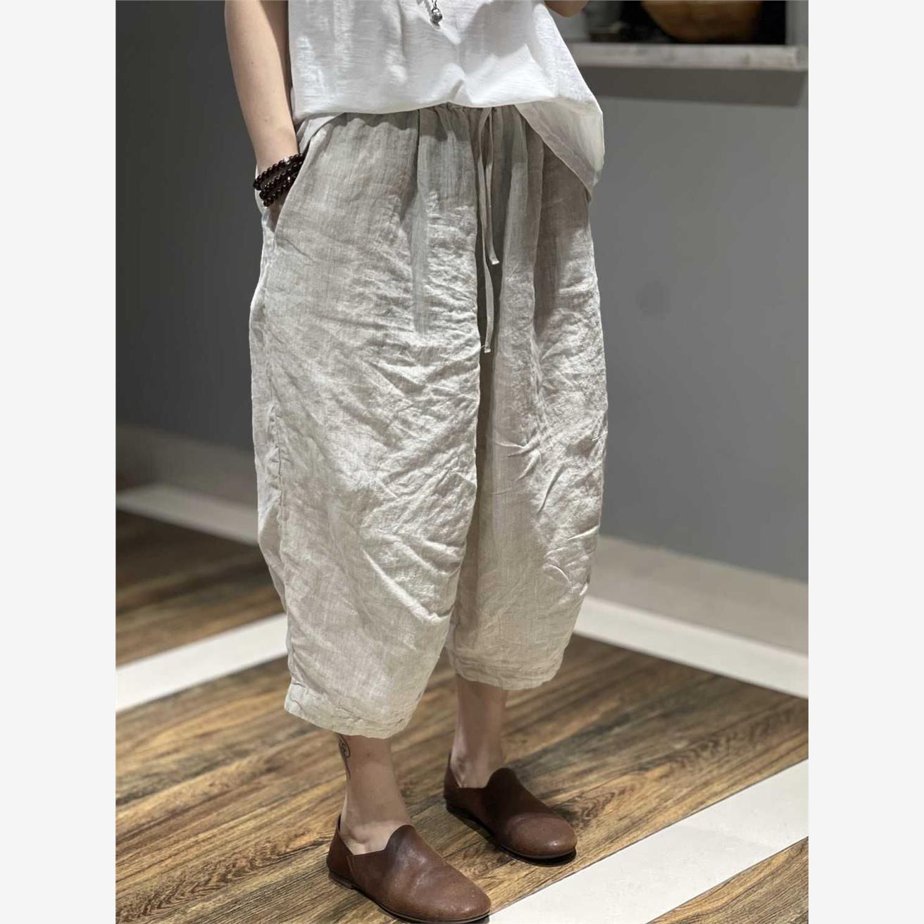 High Waist Cotton Linen Seven-Foot Pants Women Summer Large Size Loose Casual Versatile Thin Medium Length Harlan Pants