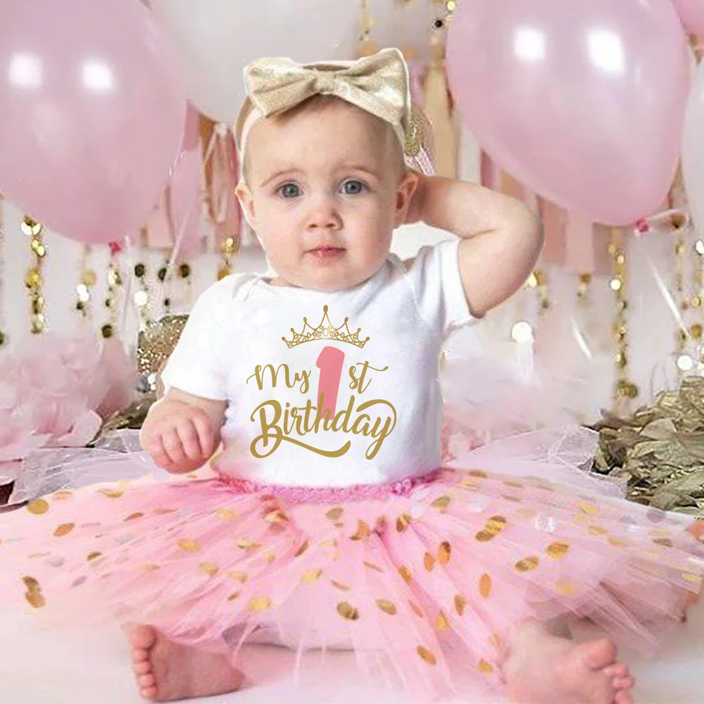 Vestido de cumpleaños para niña de mi primer cumpleaños + conjunto de mono, vestidos de pastel con tutú rosa + trajes de mameluco, ropa de verano para niña, mono