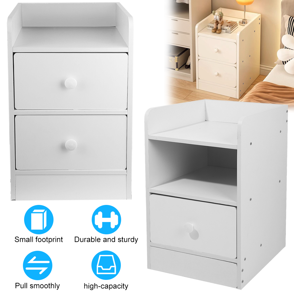 Double Drawer Night Table, White Bedside Table, Small Footprint, Durable And Sturdy, Smooth Rounded Edges And Corners