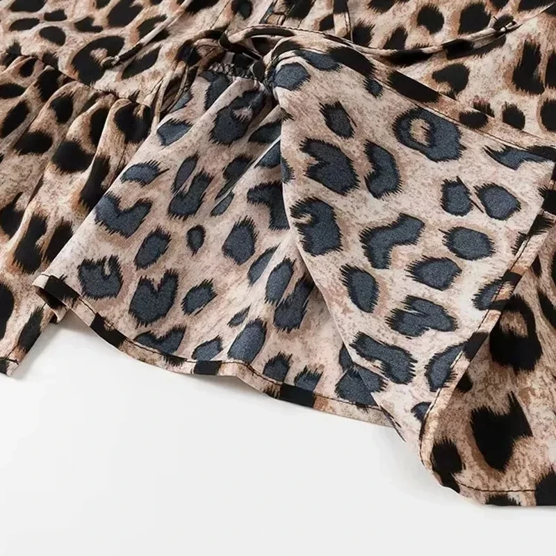 MUJER Top corto con stampa leopardata Camicette con volant con maniche a sbuffo Donna 2025 Camicie e camicette estive per donna Top da donna con volant