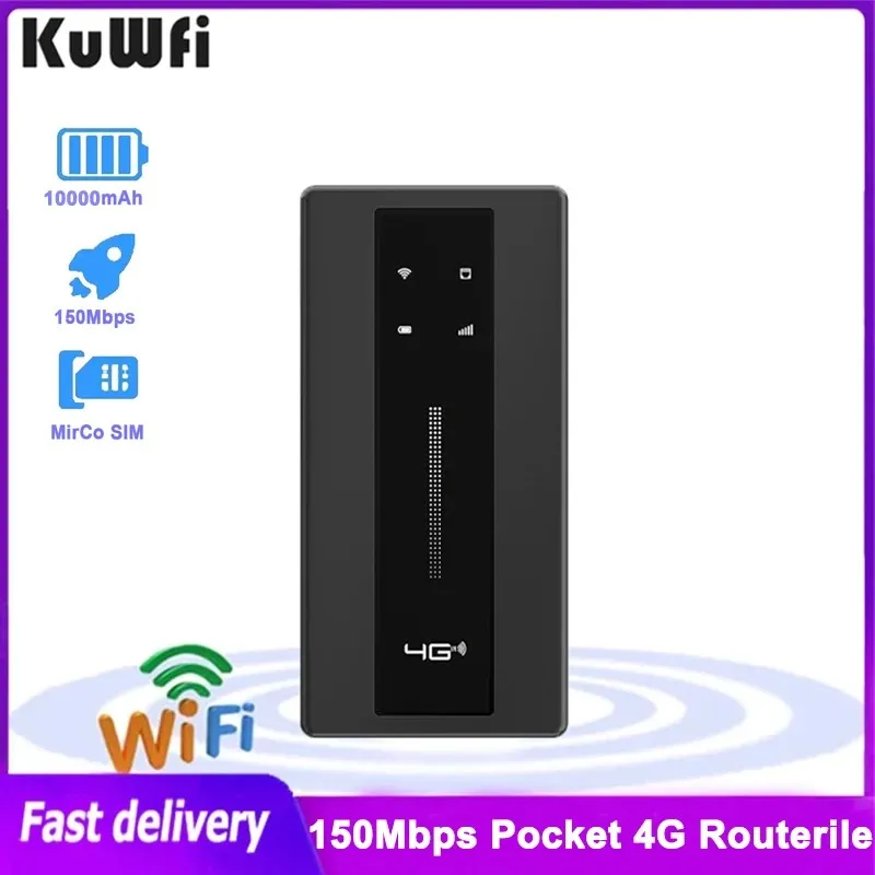 KuWFi-enrutador 4G de bolsillo, punto de acceso móvil de 300Mbps para exteriores, módem de viaje portátil WiFi inalámbrico de 10000mAh con ranura para tarjeta Sim RJ45