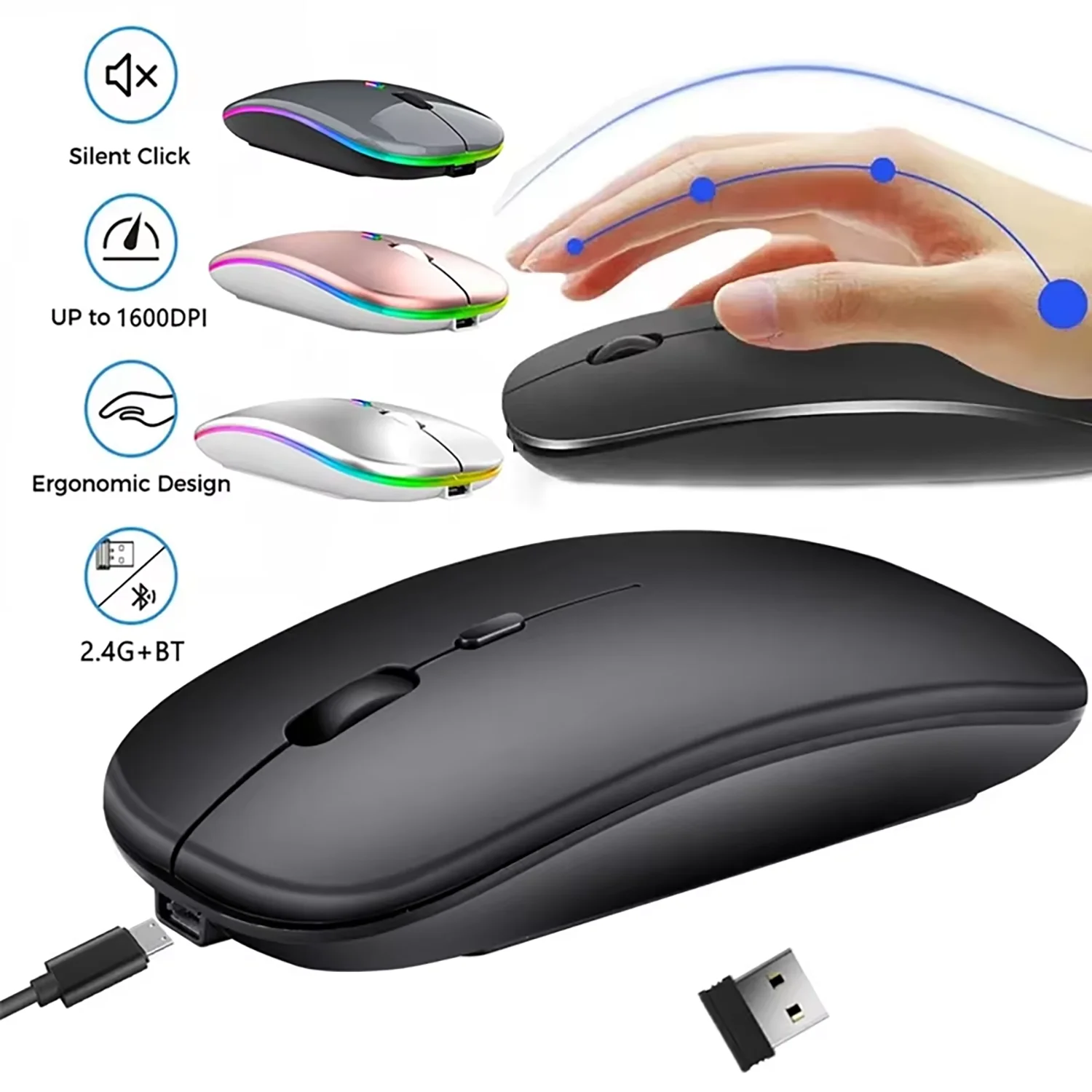2025Nuevo ratón inalámbrico recargable compatible con Bluetooth 2,4 GHz modos duales ratones de ordenador con Nano receptor para PC portátil