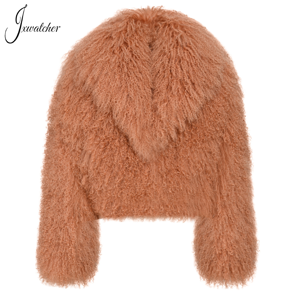 Jxwatcher-abrigo de piel mongol para mujer, abrigo corto de piel auténtica con cuello vuelto grande, chaqueta mullida cálida a la moda para invierno para mujer