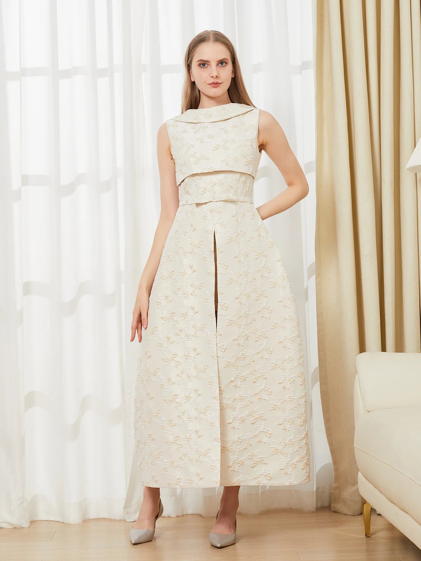 Devchua vestido elegante verão nova moda feminina longo maxi sem costas sem mangas divisão jacquard vestidos vestido de noite roupões