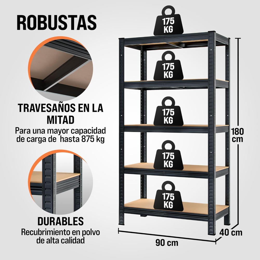 2X Estanterías Métalliques 180x90x40cm 1750 Kg Cargas Pesadas Almacenaje Garage Tableros MDF Plus Grand