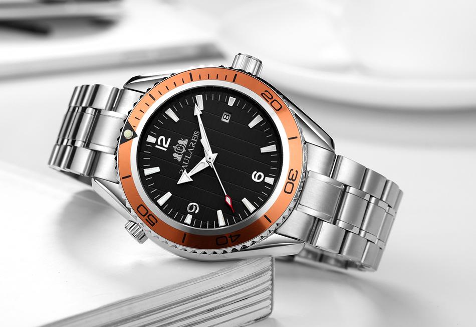 Reloj automático para hombre de negocios con fecha y bisel azul naranja simple con correa de acero inoxidable mecánico de viento automático