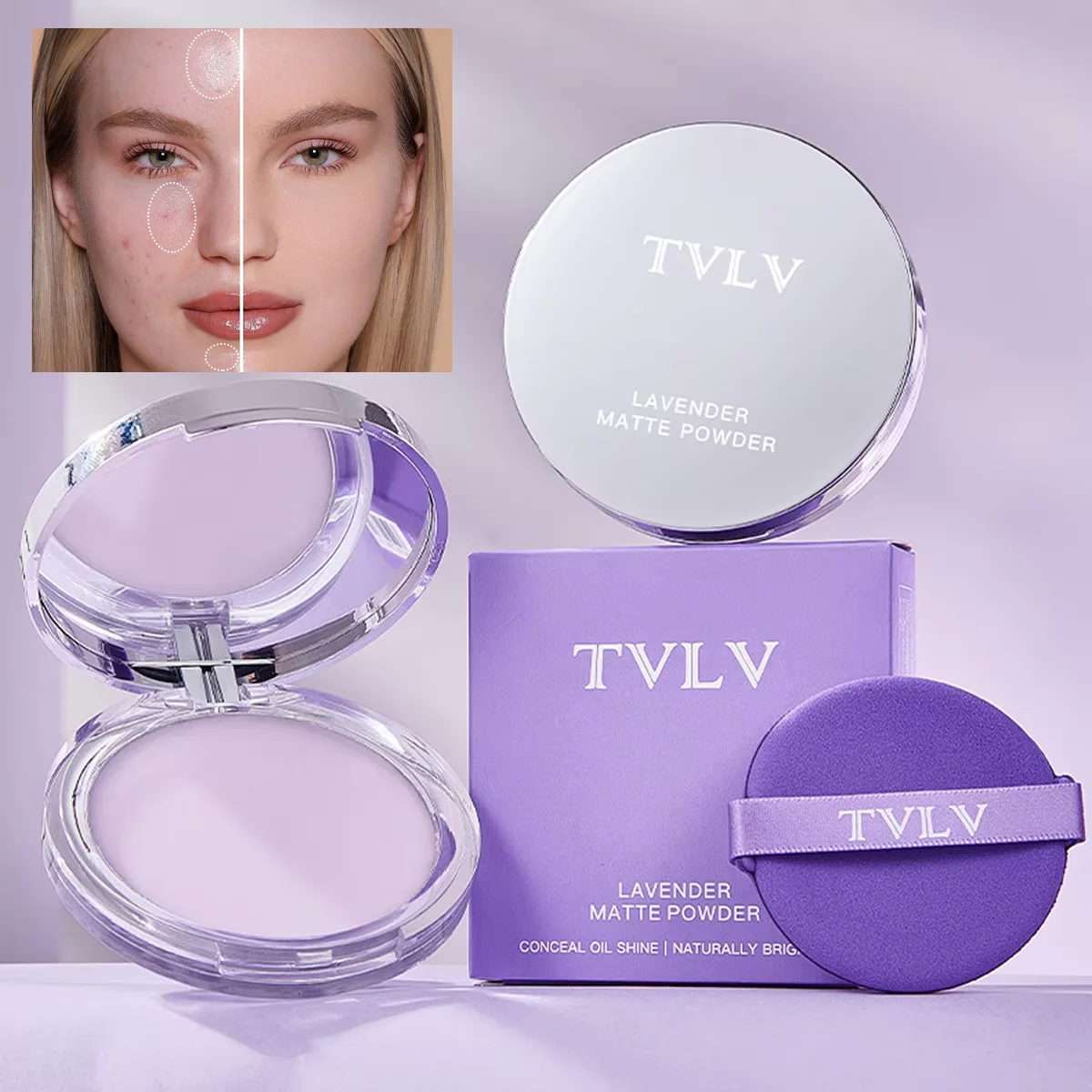 Polvere pressata alla lavanda Polvere opaca Controllo dell'olio duraturo Copertura completa Viso Impostazione compatta Cipria Fondotinta per trucco Cosmetici