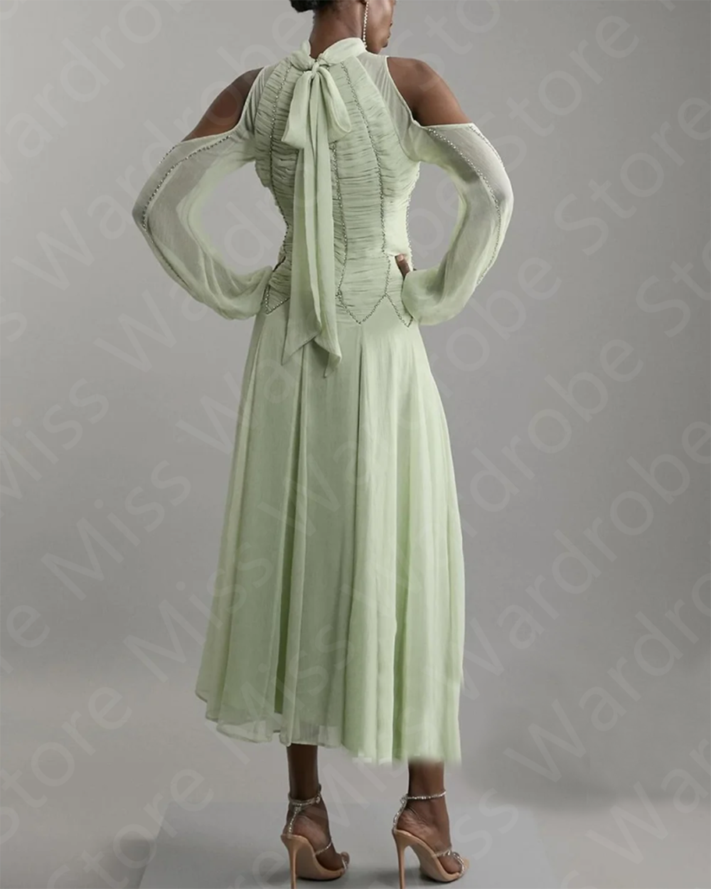 Customized Classic Sage Evening Dresses Mid Calf Length Arabic Prom Party Gowns Off Shoulder Wedding Guest Dresses High Neck