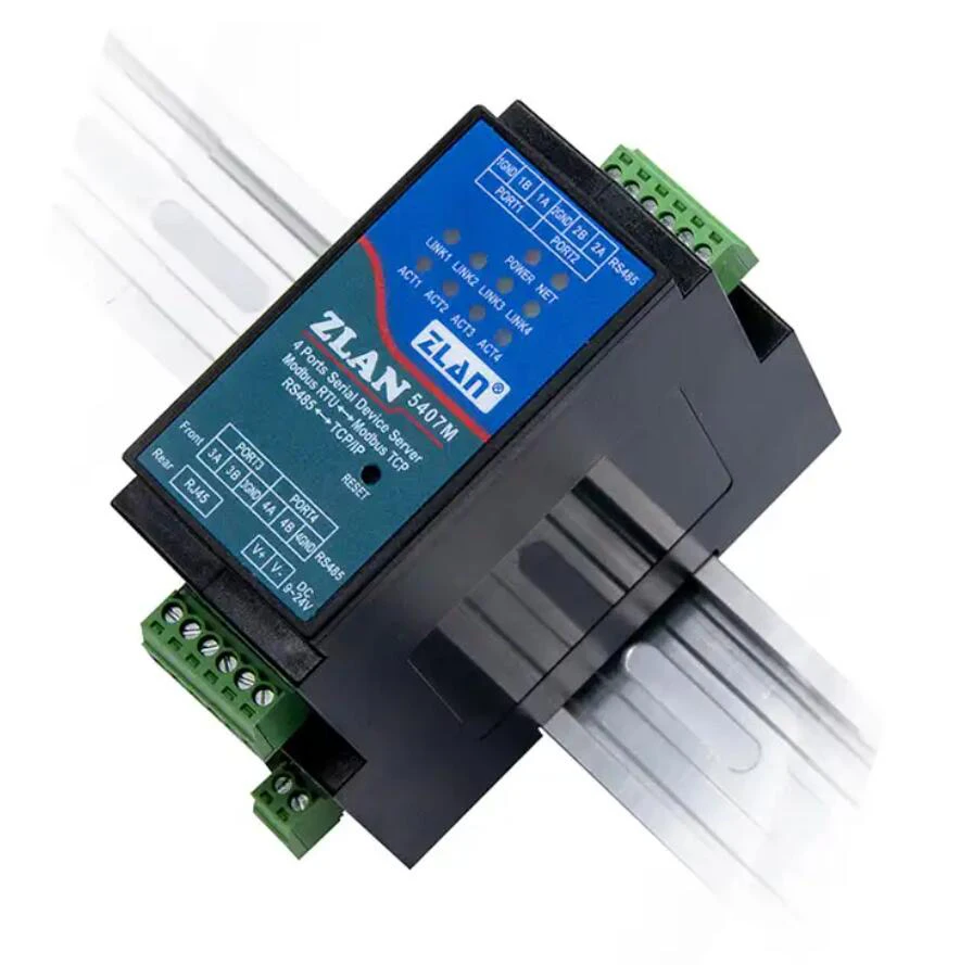 Industriële Seriële Server4 Poorten RS485 Om RJ45 Ethernet Tcp/Ip Naar Seriële Rail-Mount ZLAN5407M