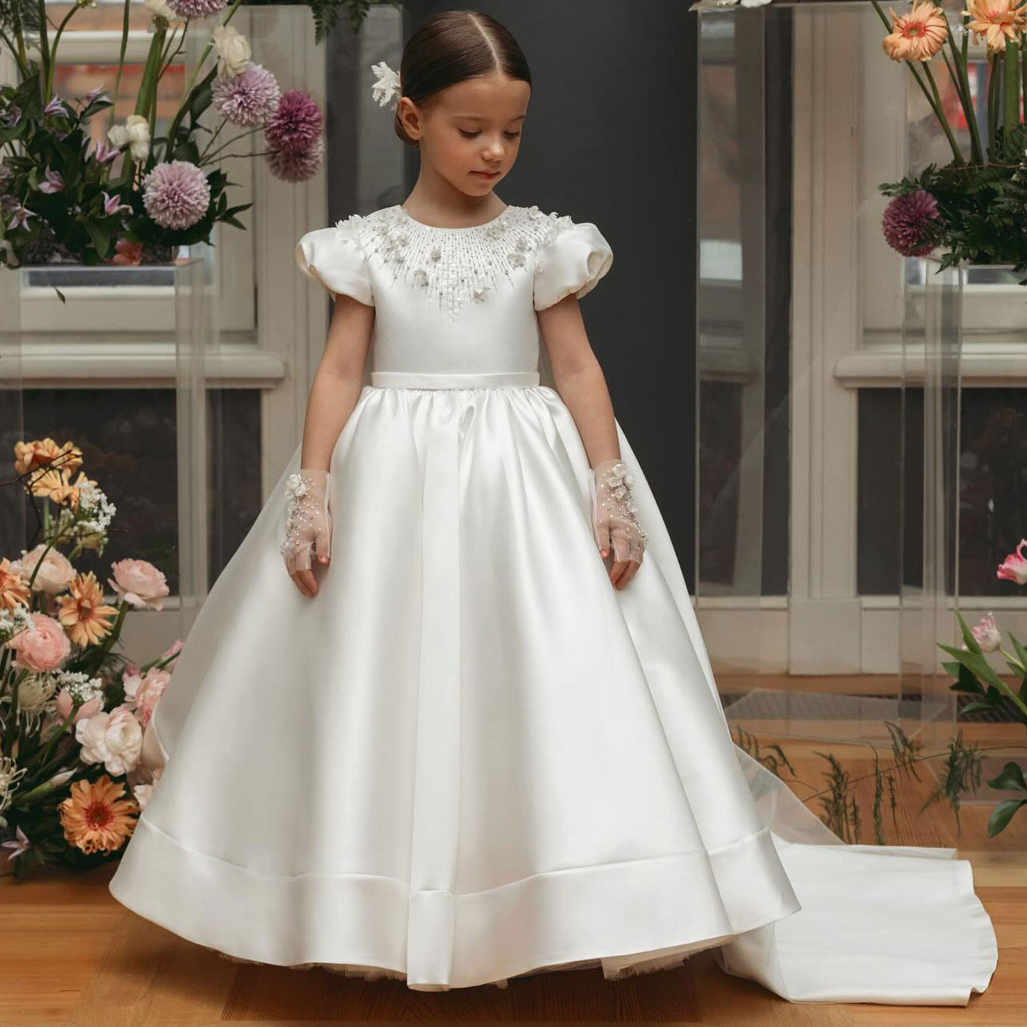 Dreamy Vow J153, роскошное белое платье в Дубае для девочек, атласное арабское платье принцессы с жемчугом и бисером, детское длинное бальное платье на свадьбу, день рождения, 2025 г.