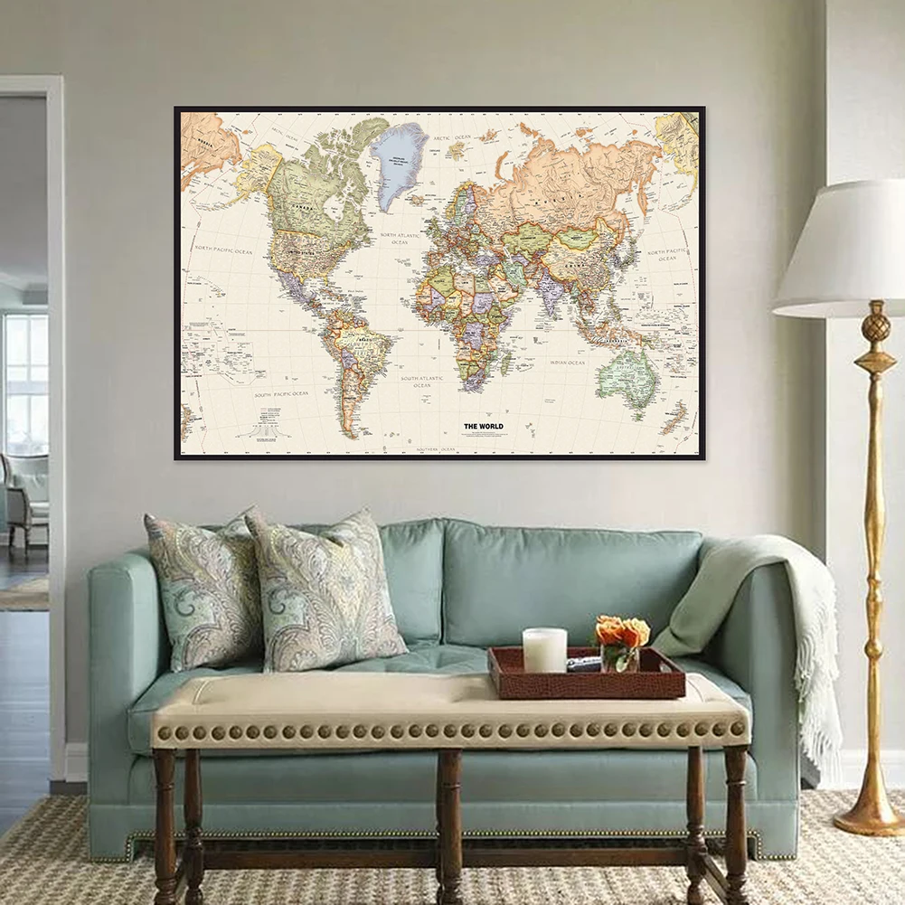 Póster colgante Vintage, mapa del mundo en inglés, pintura en lienzo no tejido, decoración de pared para el hogar y la Oficina, suministros escolares, 150x100cm