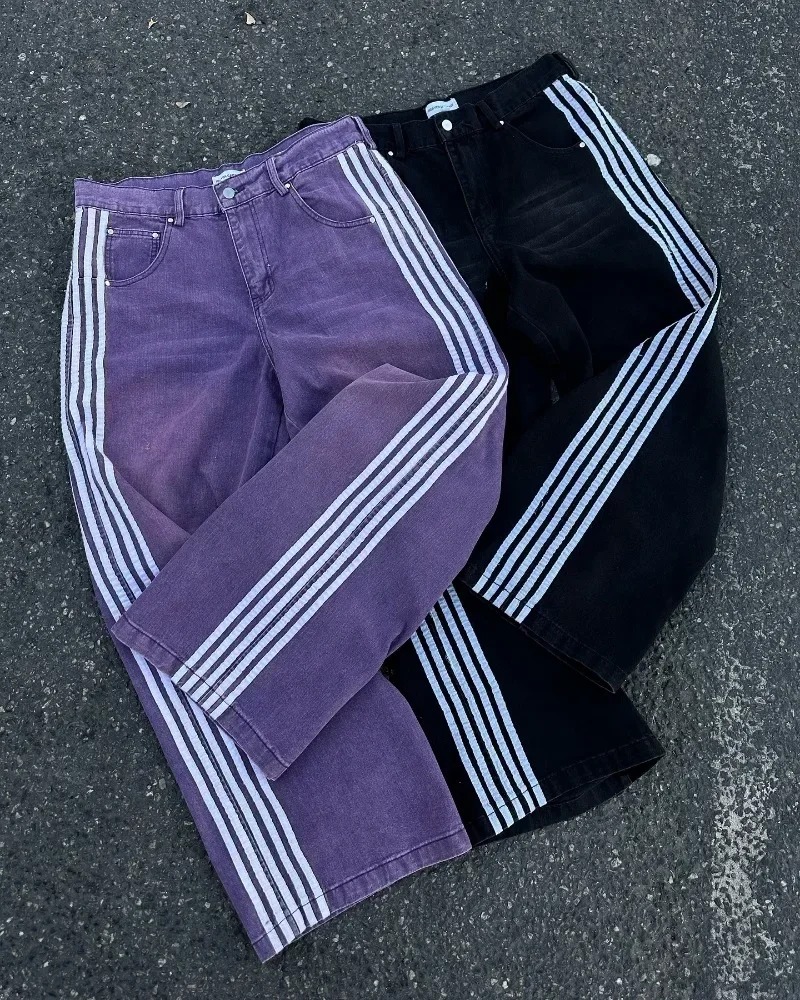 Y2K pantalones vaqueros holgados Harajuku bordados a rayas ropa de calle vintage de alta calidad Hip Hop gótico hombres mujeres pantalones vaqueros de pierna informales anchos