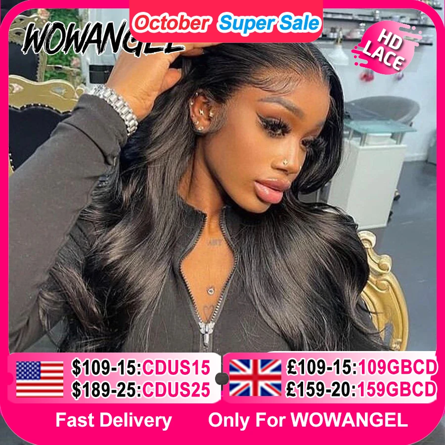 Wow anjo 250% densidade 13x6 hd perucas dianteiras do laço onda do corpo derreter peles 13x4 hd laço peruca frontal completa perucas de cabelo humano pré arrancadas
