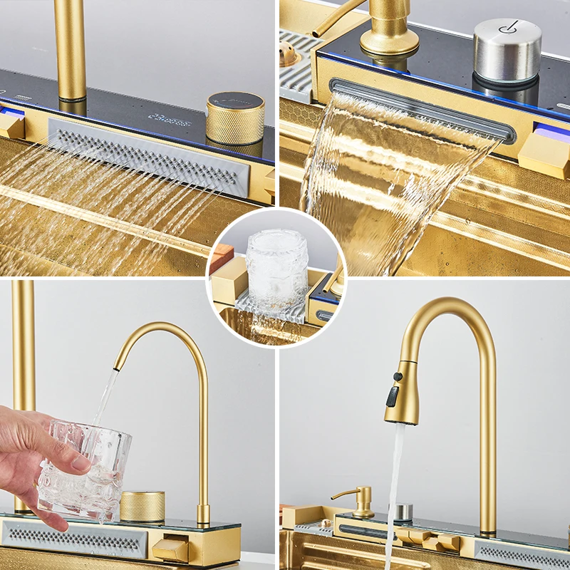 Pia de cozinha de aço inoxidável 304 com torneira cascata com display digital, multifuncional 75*45cm grande pia de baleia de slot único