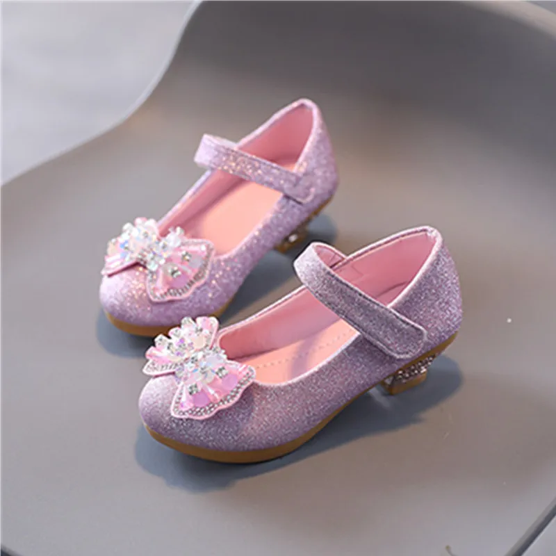 Crianças sapato de couro doce princesa sapatos para meninas com strass bowtie moda versátil sapatos infantis com saltos para festa