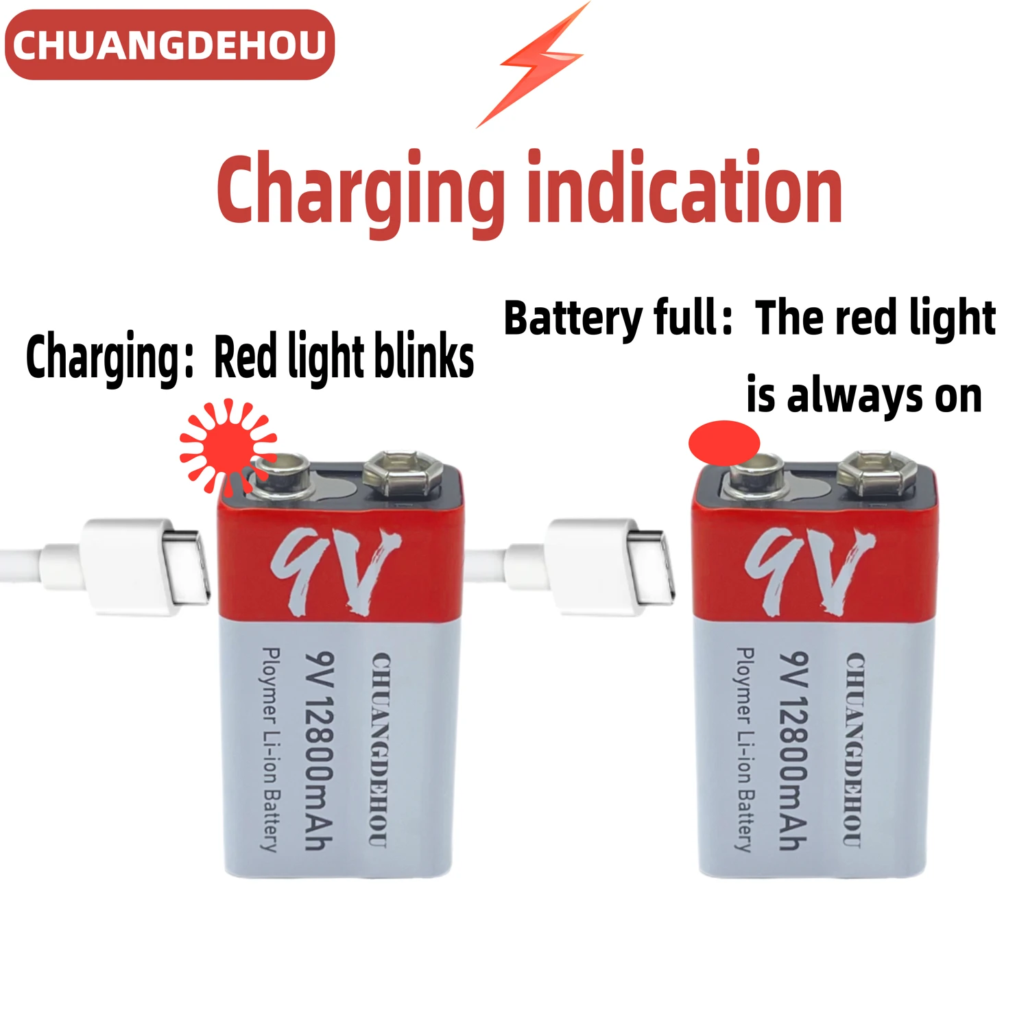 9V Lithium Battery 12800Mah Large Capacity Type-C Fast Charge Red and White Two-Color High-Value Outdoor Emergency/Remote Control Toys/Drone/Camera/Microphone Universal Safe and Durable Hot Model Best-Selling