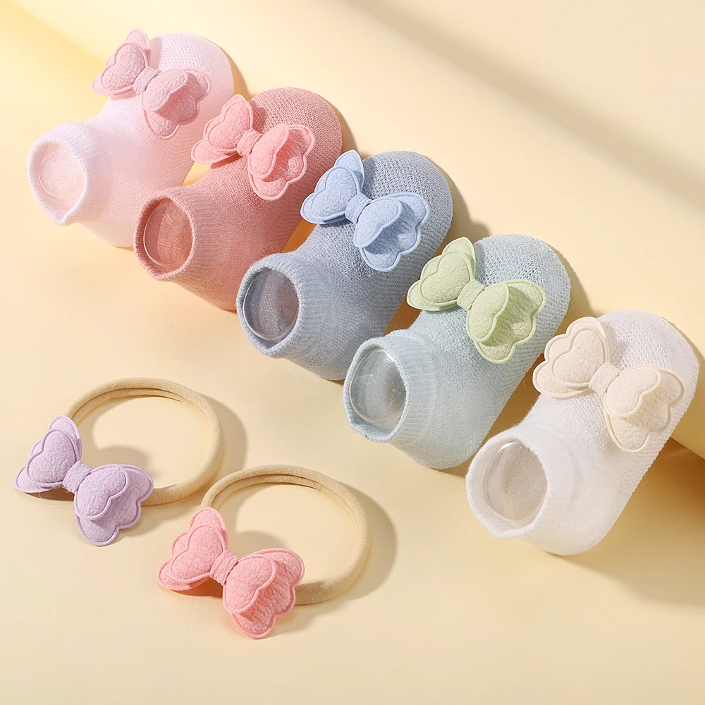Juego de calcetines suaves para bebé, Diadema de algodón sólido, calcetines transpirables con lazos bonitos, accesorios de ropa para niña pequeña de 0 a 1 año