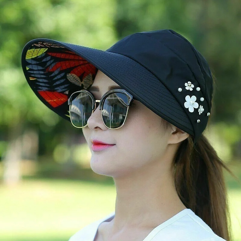 Chapéu de sol dobrável de aba larga de verão feminino anti-UV praia viseira bonés chapéus