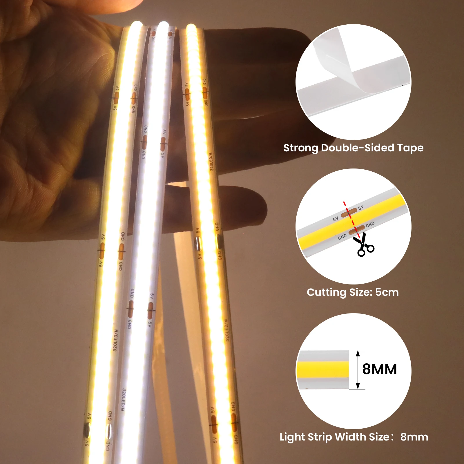 3AA バッテリーボックス 5V COB Led ストリップ 8 ミリメートル 320LEDs/M 暖かいナチュラルクールホワイト柔軟な COB ストリップライト寝室キャビネットテレビバックライト用