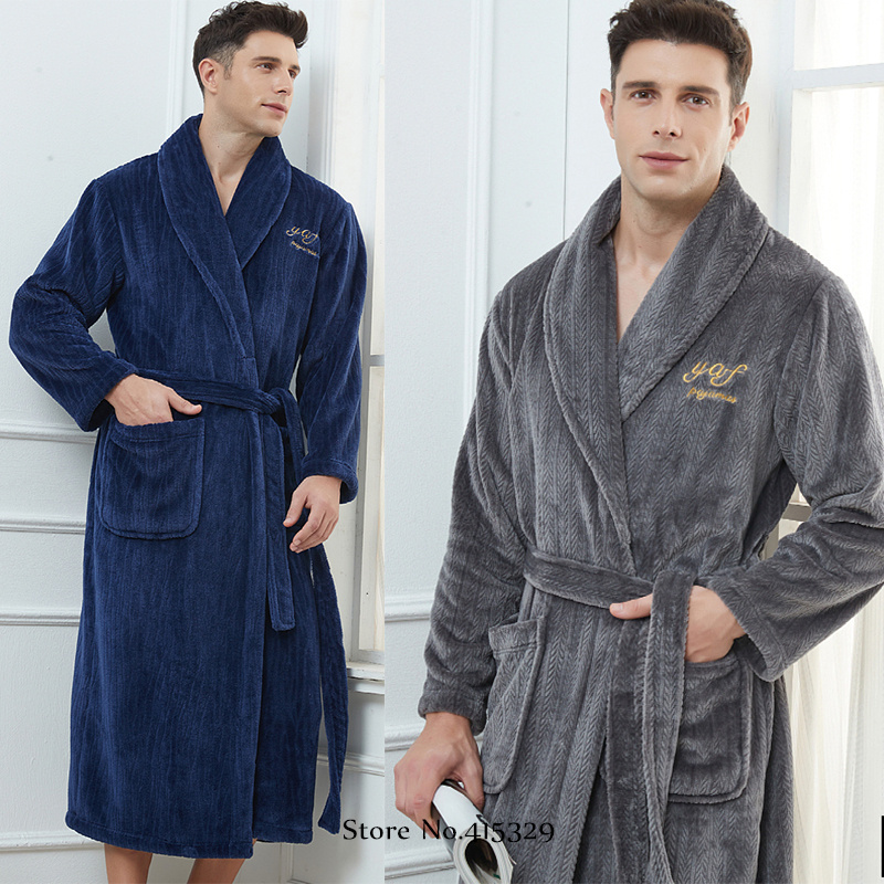 Bata tipo kimono de talla grande 3Xl 4Xl, ropa de casa de invierno para hombre, albornoz de lana Coral, batas de ducha, ropa de dormir gruesa y holgada