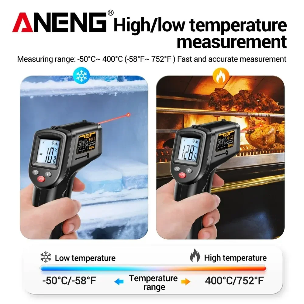 เครื่องวัดความชื้นสัมพัทธ์ดิจิตอล ANENG TH201 การทดสอบอุณหภูมิแบบไม่สัมผัสหน้าจอ LCD แบบเรืองแสงเครื่องมือเลเซอร์อินฟราเรด