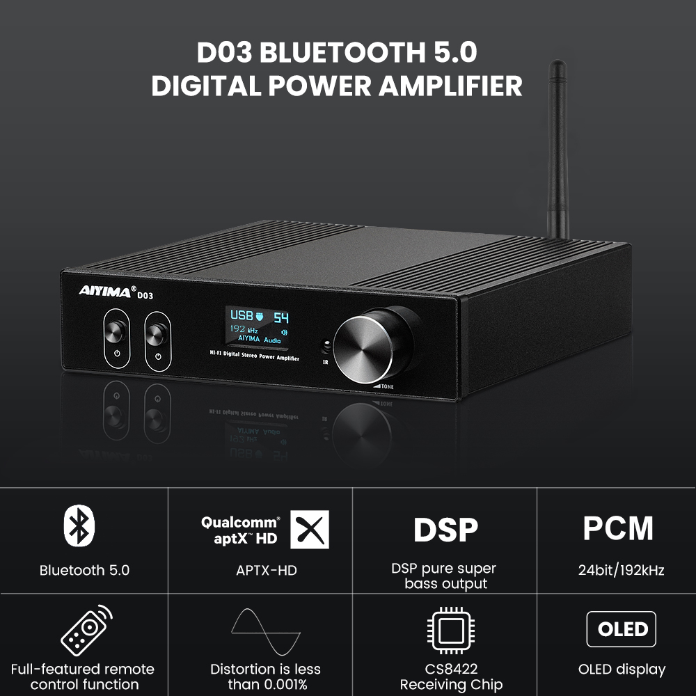 AIYIMA D03 Bluetooth アンプ 150Wx2 ステレオ HiFi サウンド Amplificador サブウーファーアンプ USB DAC OLED APTX-HD DIY 2.1 ホームオーディオ