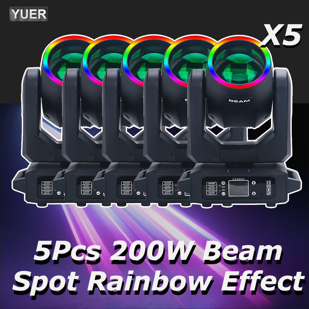 5 Stücke 200 Watt LED Mit Ringstrahl Spot Moving Head Licht Mit 18 Rotierenden Prisma Regenbogeneffekt DMX512 Disco Party Club Bühnenlichter
