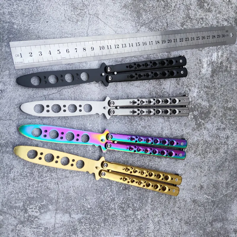 1pc Coltelli a farfalla Principiante Principiante Pratica Coltello di scarico Manutenzione Pila rotta gratuita All'aperto Lama non tagliata in acciaio