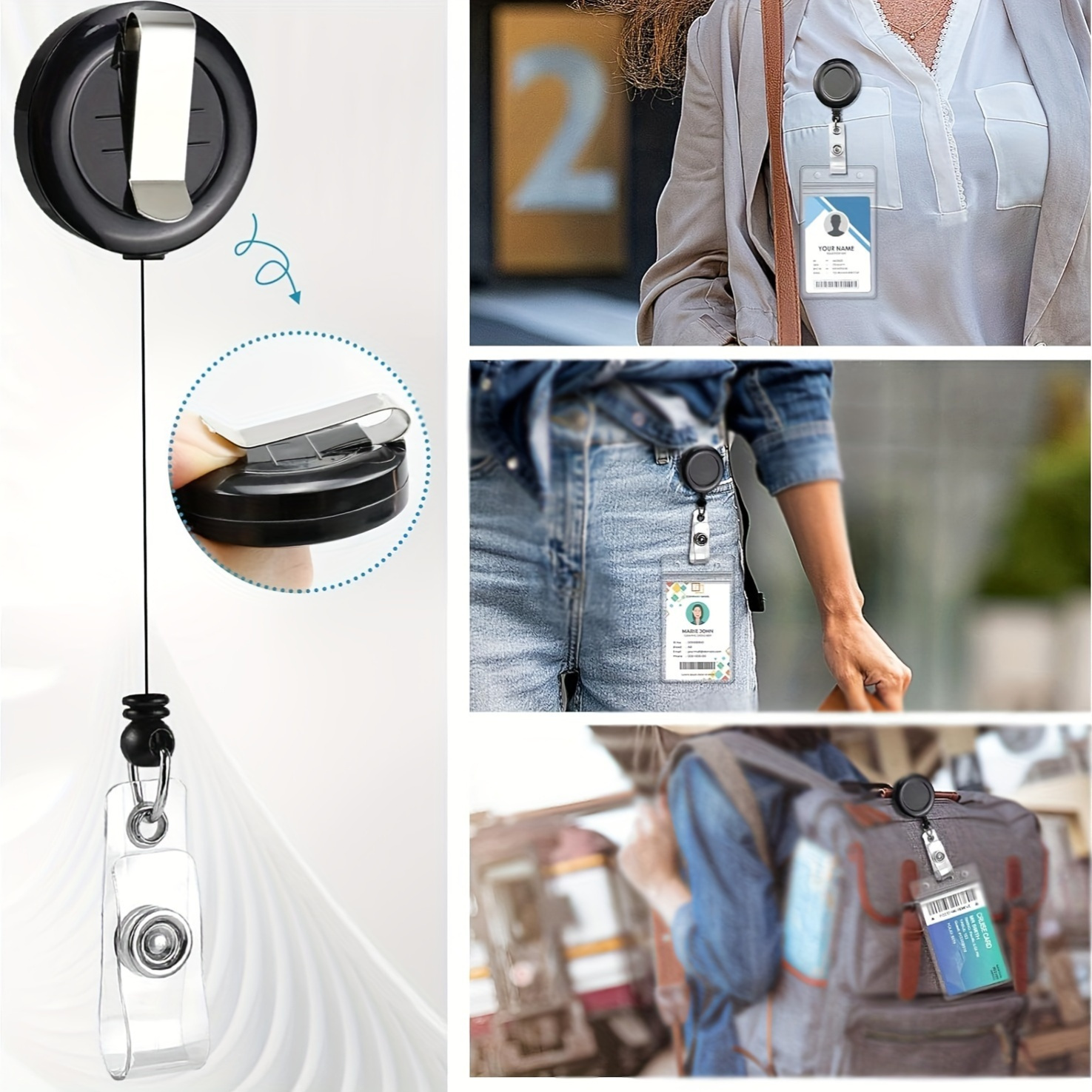 Black Retractable Badge Reel Set with Lobster Clasp and Waterproof PVC Card Holder, Durable Lanyard, for Work ID and Name Tags