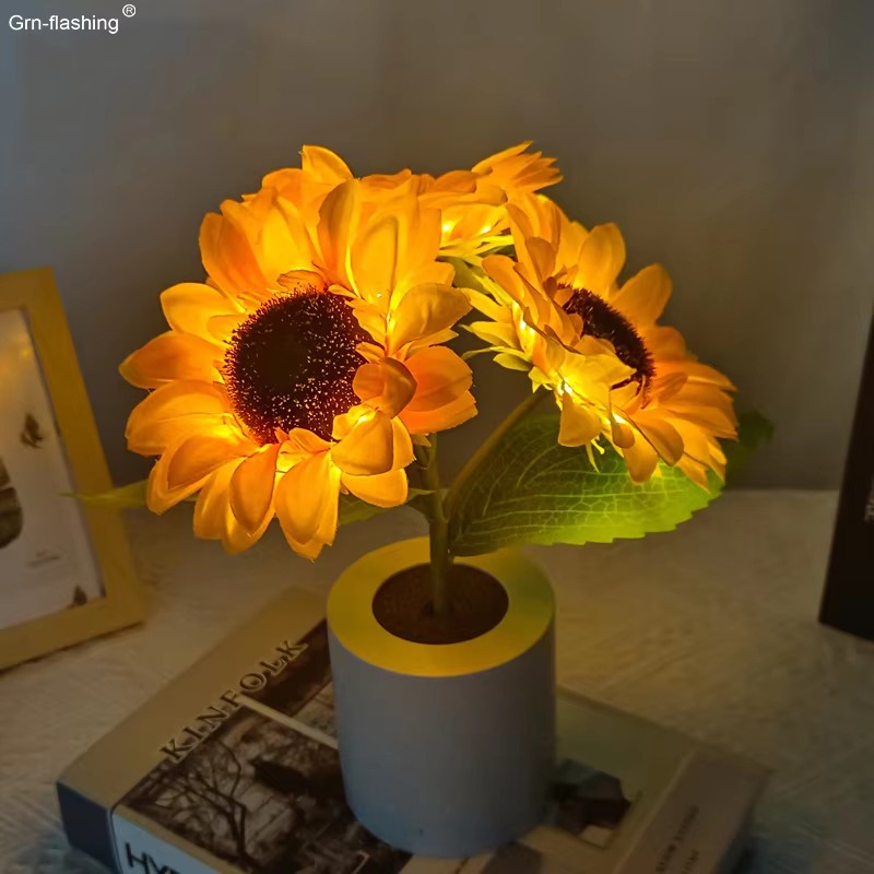 Lámpara de mesa creativa para dormitorio, girasol Artificial recargable por USB, decoración de cabecera para el hogar, regalo de cumpleaños para novia, luz nocturna