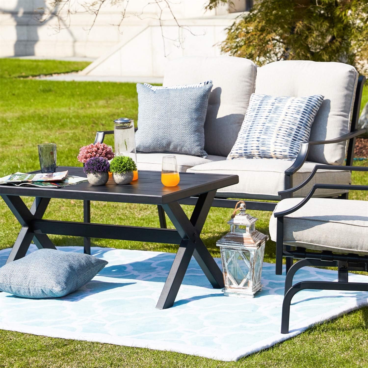 Patio Conversation Set Metal Outdoor Furniture Sets All Weather Cushioned Loveseat & 2 Rocking Chairs & 1 Coffee Table for