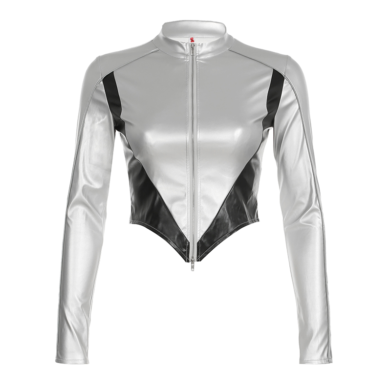 WEEKEEP Street Sle Motorcycle Windbreaker Women's Leather Jacket Zipper Open Cardigan Asymmetrical Hem Color Block Dance Cool