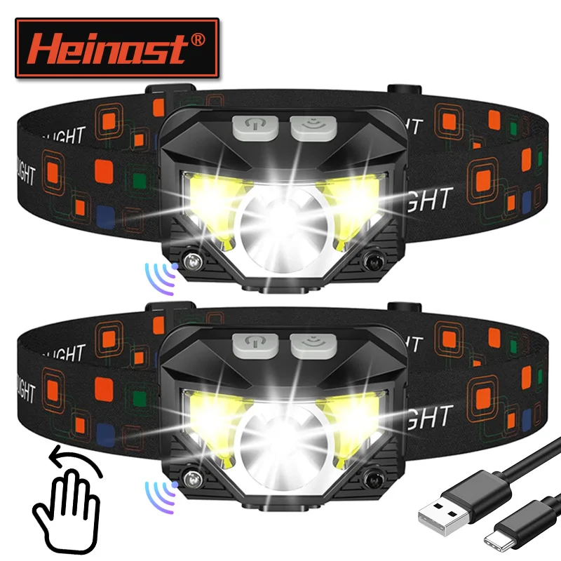 Potente lampada frontale con sensore LED Lampada frontale ricaricabile USB Torcia frontale a LED Torcia da campeggio con luce di ricerca per lanterna da pesca