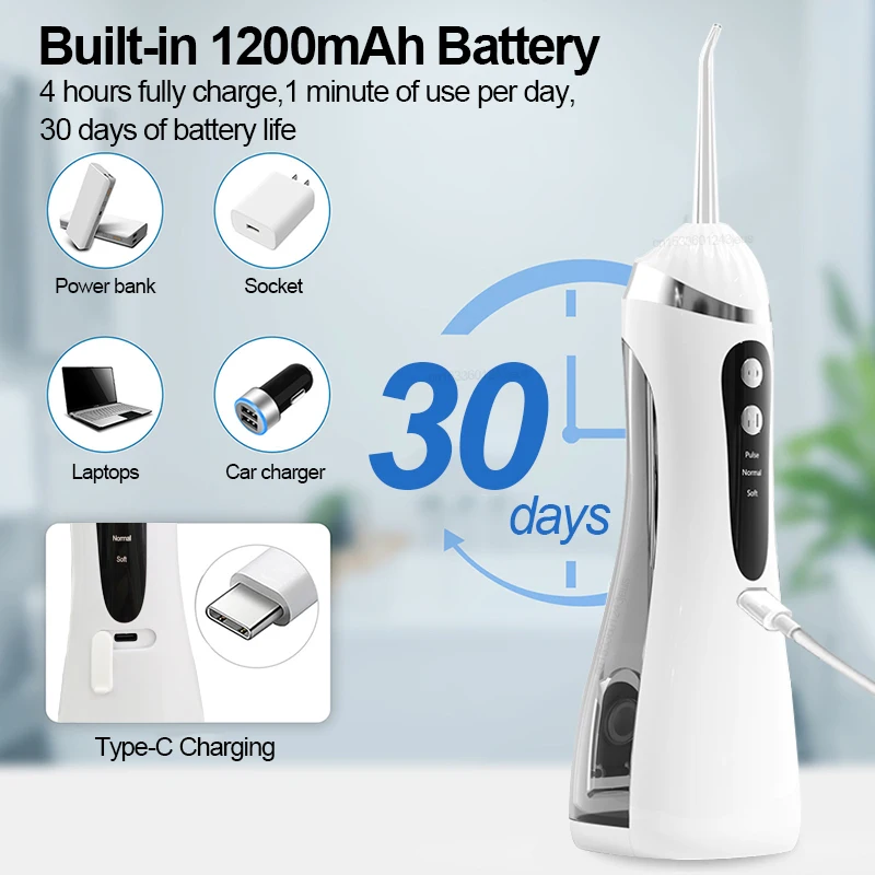 เครื่องทำความสะอาดช่องปากไฟฟ้า 3 โหมดการทำความสะอาด ชาร์จผ่าน USB กันน้ำระดับ IP65 พร้อมหัวฉีด 4 แบบ พกพาสะดวก