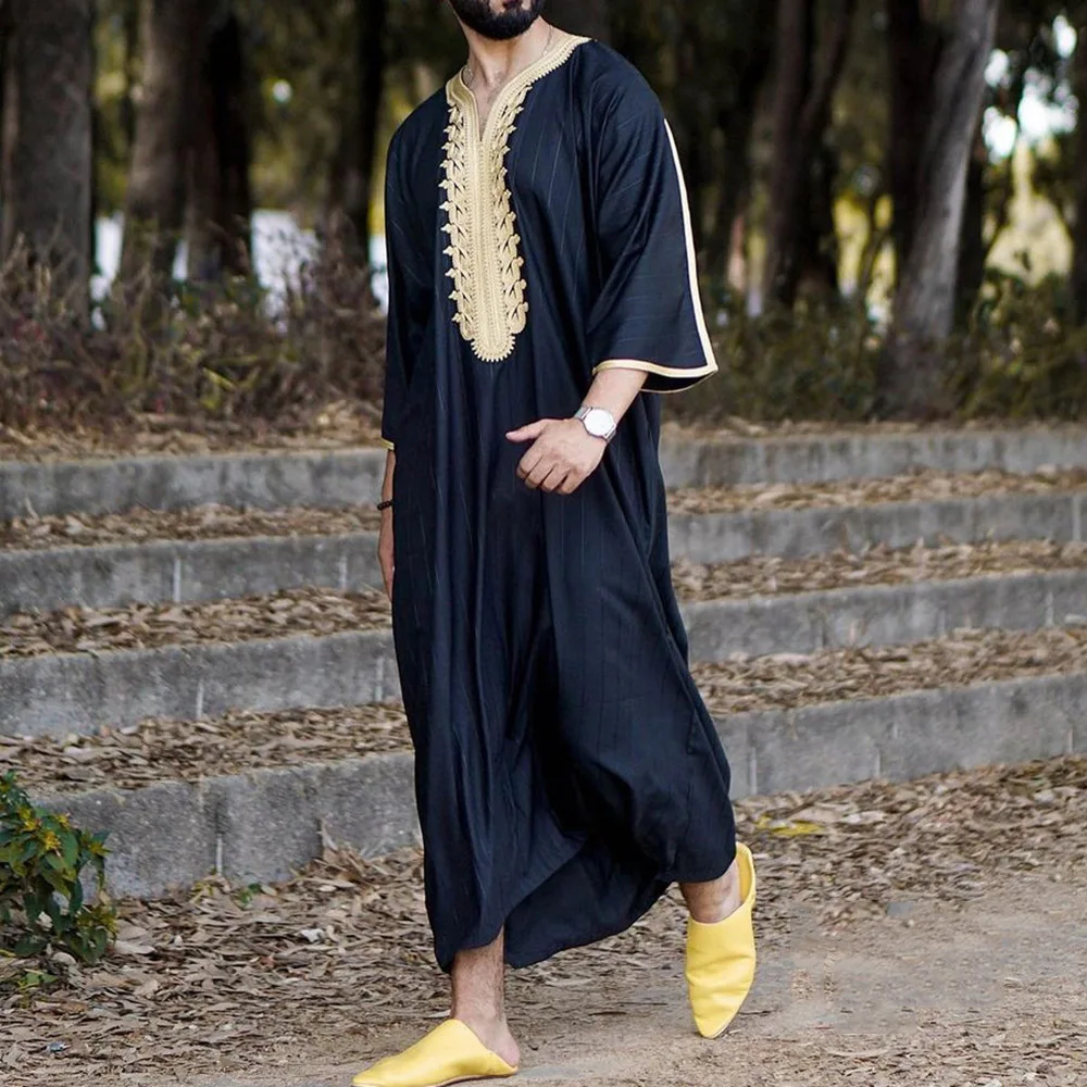 Islam kaftan muslimische männer lange jubah robe marok kanis cher v hals streifen bedruckte stickerei arabisch djellaba dubai abaya thobe sommer mann