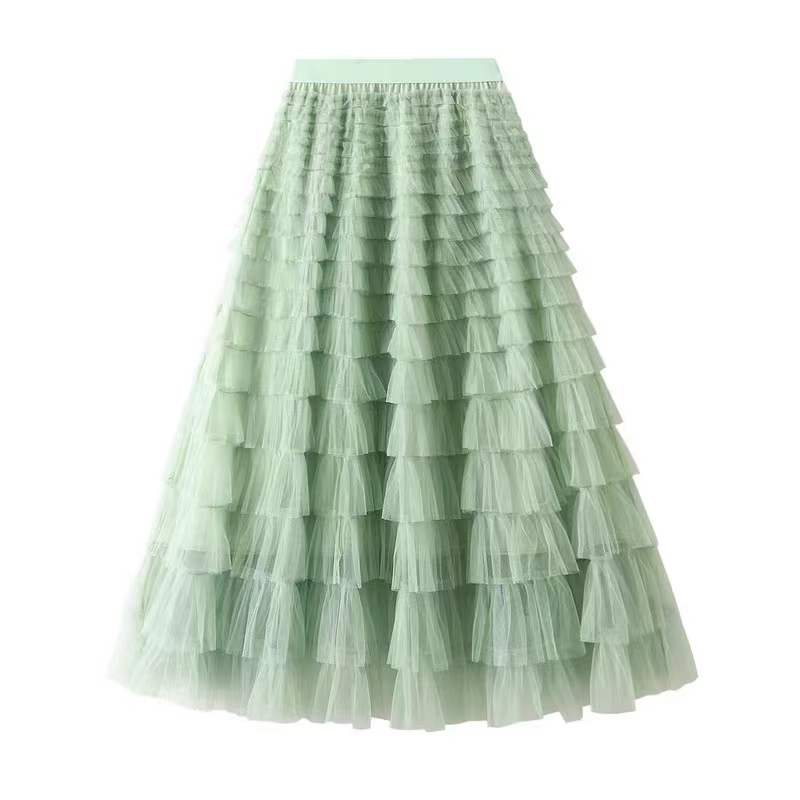 Saia de tule longa para mulheres, moda alta, elástica, cintura, linha, fofa, malha de fada, em camadas, saia com babados, presentes para meninas