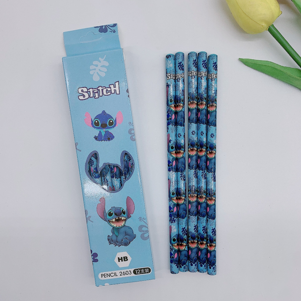 12 Uds. Lápiz de punto de dibujos animados de Disney, suministros escolares de goma para niños, lápices, rodillo de lápiz, lápices Hb, regalo de cumpleaños