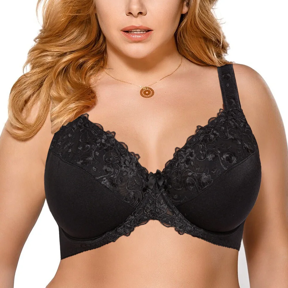Sujetador de encaje para mujer, sujetadores reductores para mujer, copa completa, sin relleno, con aros, bordado Floral para mujer, sujetador de talla grande C D E F G H