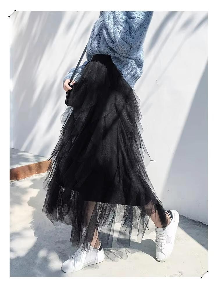 Tutu Tulle Long Maxi Skirt Women Fashion Korean Cute Pink High Waist Pleated Skirt Mesh Female Lady Aesthetic Faldas