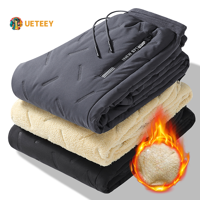 Ueteey inverno calças de lã dos homens lambswool engrossar quente à prova dwaterproof água masculino casual térmico joggers moletom 2024
