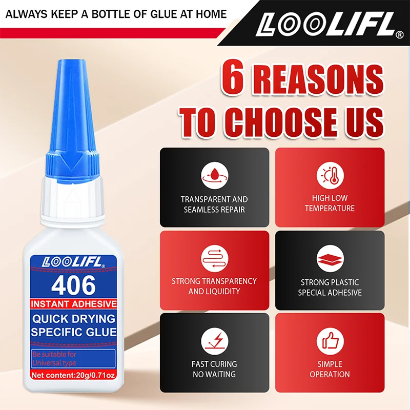 LOOLIFL 406 Super Colla Plastica Adesivo professionale Colla cianoacrilato trasparente Asciugatura rapida Inodore Incollaggio a lunga durata