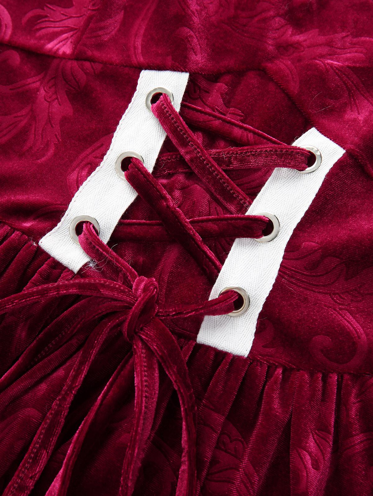 Rosegal plus size vestido de natal vermelho floral veludo em relevo contraste pele guarnição rendas até vestido em camadas com mangas de braço e gola
